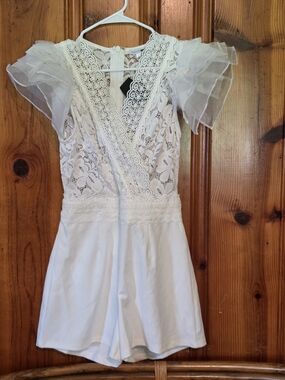 Fashion Nova White Lace Romper with Ruffled Organza Sleeves